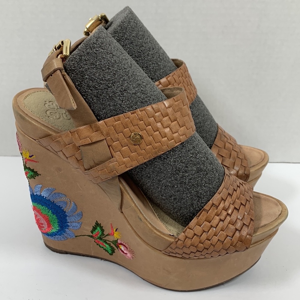 Women Velez Brown Woven Leather Wedges Embroidered Sandals Shoes Size 4- 4.5